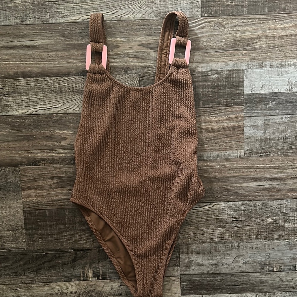 Aerie Brown with Pink detail  Textured One-Piece Swimsuit